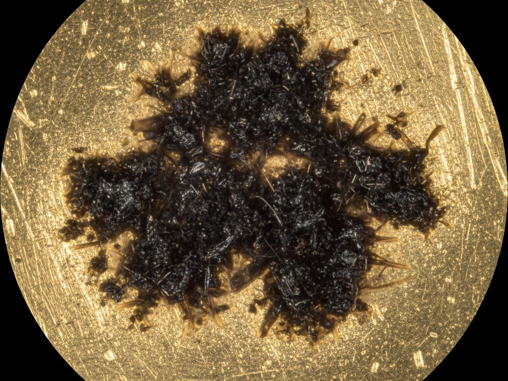 Fretting Corrosion Black Spot Microscopic view of a metal connector surface showing a central pile of black, soot-like oxidation debris.