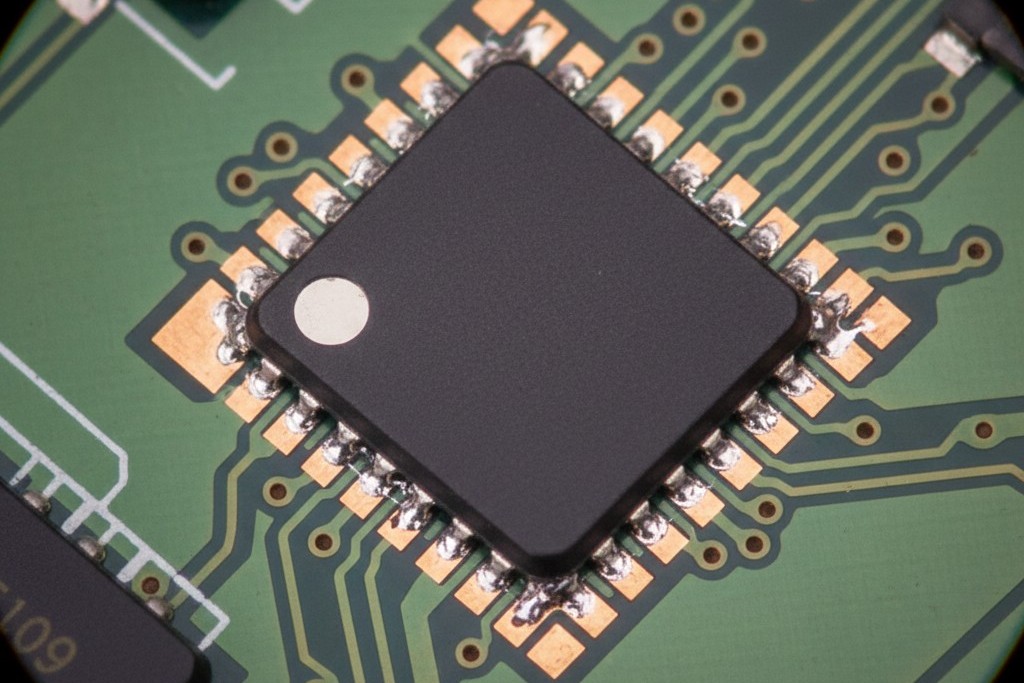 A close-up microscope view of a green printed circuit board showing a square black microchip that is shifted off its copper solder pads, causing a manufacturing defect.