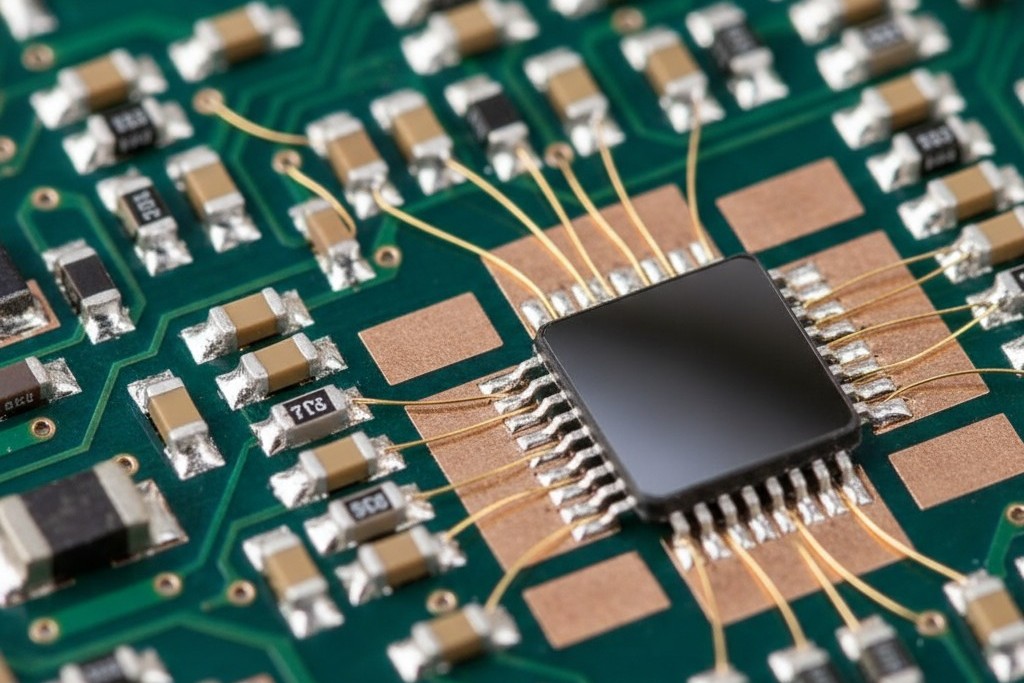 แผงวงจรบอร์ดแบบเทคโนโลยีผสมผสานที่รวมการบัดด์และการสายไฟ ภาพโคลสอัปของแผงวงจรพิมพ์ที่แสดงให้เห็นส่วนประกอบแบบ Surface-mount ที่บัดด์เข้ากับแผ่น, และชิปซิลิคอนเปล่า ที่สายทองคำอ่อนโยนถูกผูกไว้ด้วยกัน ซึ่งแสดงให้เห็นการประกอบแบบเทคโนโลยีผสม