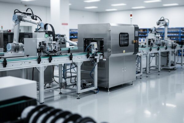 A wide-angle view of a clean, modern electronics assembly line, with a sleek vacuum reflow oven in the mid-ground and a softly blurred foreground and background.