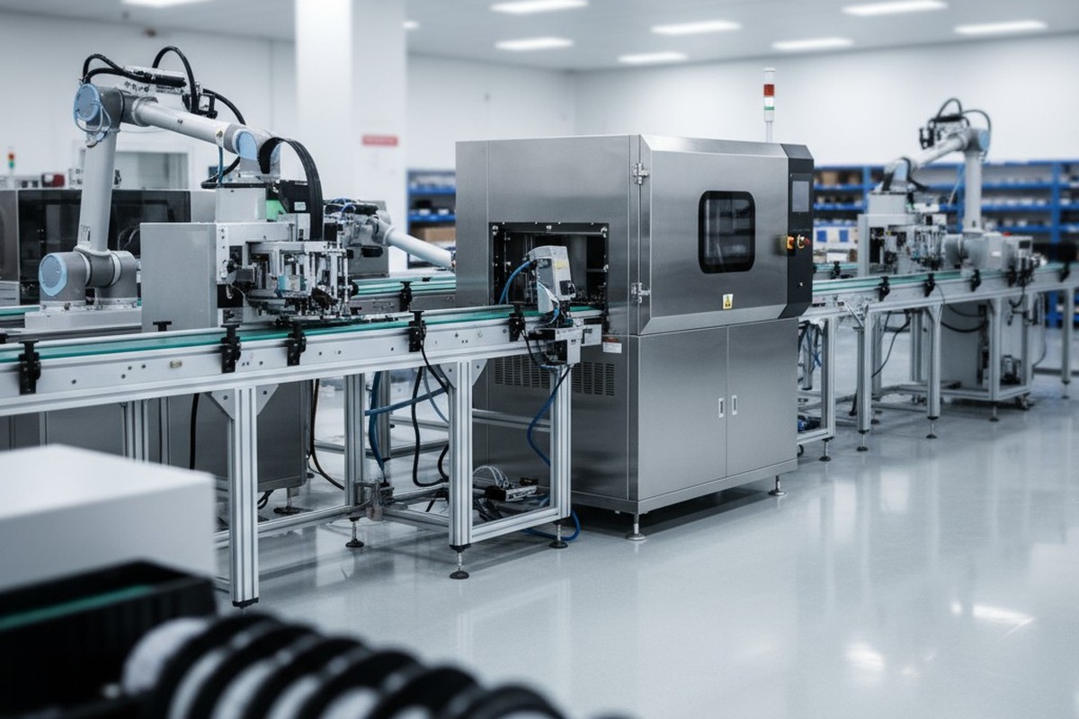 A wide-angle view of a clean, modern electronics assembly line, with a sleek vacuum reflow oven in the mid-ground and a softly blurred foreground and background.