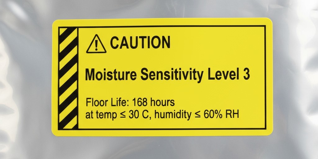 ป้ายฉลากระดับ MSL บนถุงกันความชื้น ภาพใกล้ของป้ายเตือนบนถุงกั้นความชื้นสำหรับอุปกรณ์อิเล็กทรอนิกส์ ที่แสดงผลการจัดอันดับ MSL 3 และอายุการใช้งานบนพื้น
