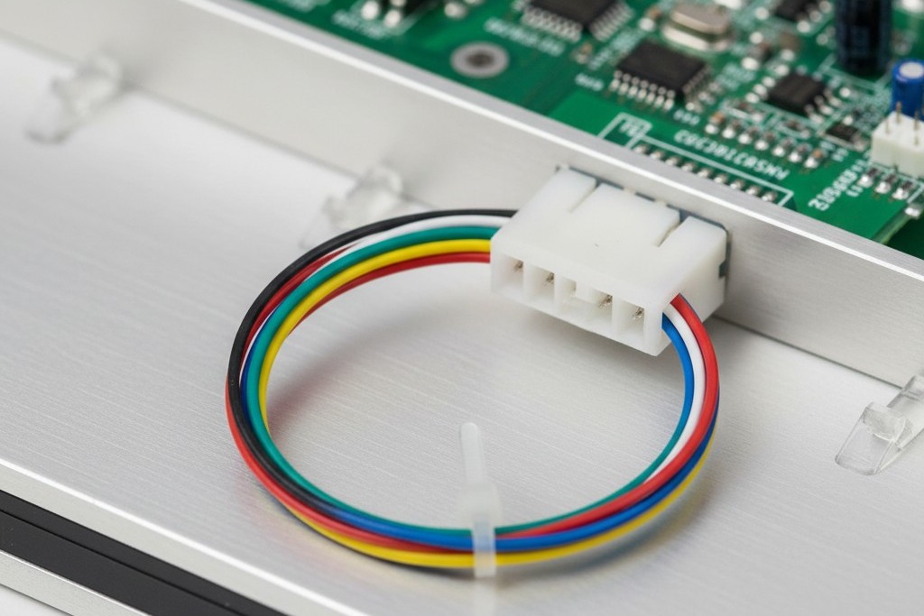 Inside an electronic device, a bundle of wires has a deliberately formed, neat loop of slack just before it plugs into a connector on a circuit board.