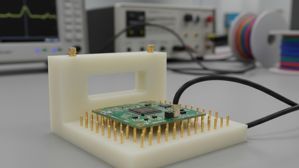 RF Test Fixture Designed for Non-Interference A PCB with an antenna mounted in a test fixture made from non-metallic PEEK material to avoid detuning during testing.