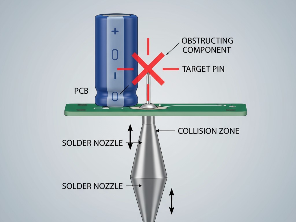 ความสูงของพื้นที่รอบนอกของหัวพ่นสำหรับการบัดกรีแบบเลือก แสดงด้านข้างของไดอะแกรมที่แสดงว่าส่วนประกอบที่สูงชะลูดด้านข้างของจุดเชื่อมบัดกรี อาจบล็อคหัวพ่นบัดกรีเลือกไม่ให้เข้าถึงจุดเชื่อมด้านล่าง