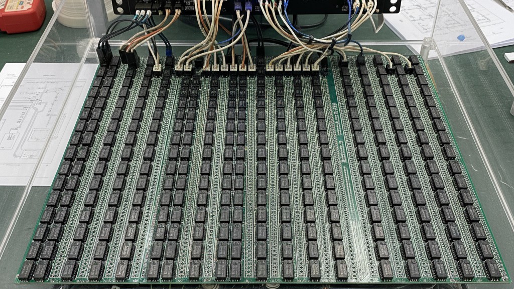 A close-up of a gang programming fixture loaded with dozens of microcontroller chips being programmed simultaneously.