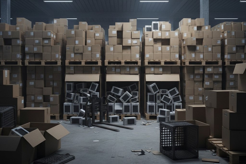 Warehouse aisle with several wooden pallets stacked high with boxes of failed consumer electronics, symbolizing a costly manufacturing failure.