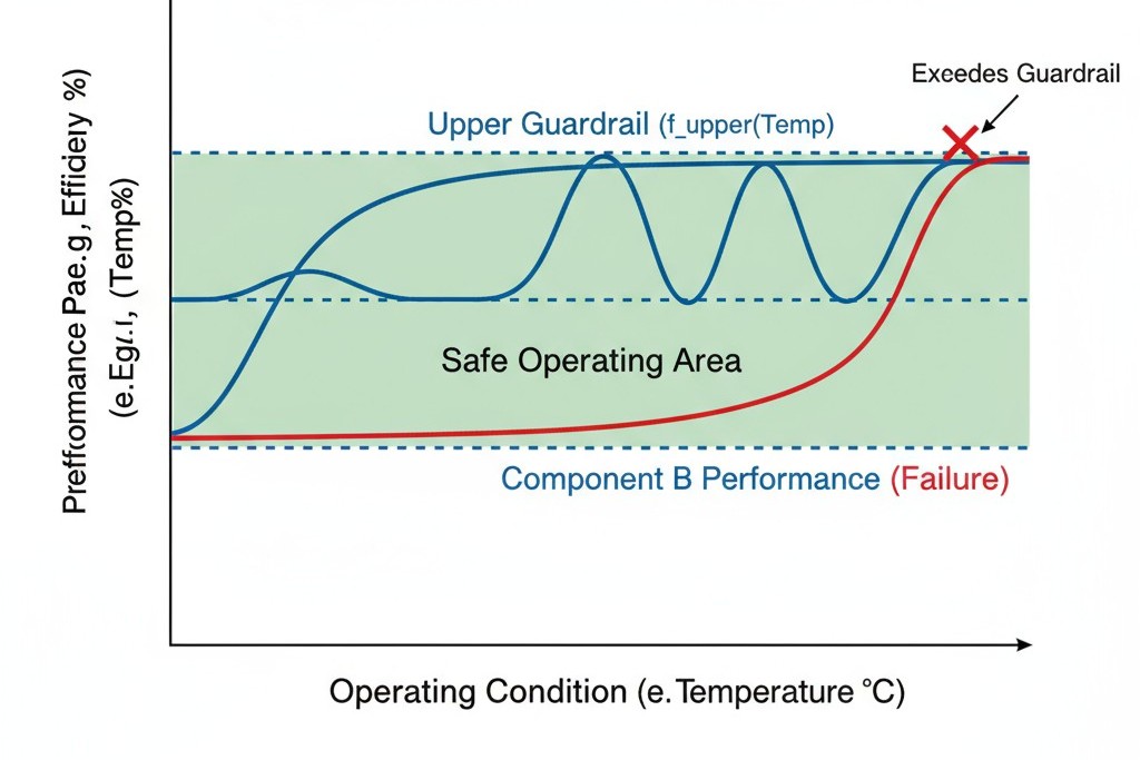 A technical graph showing a safe operating area for a component, with performance curves for two alternate parts staying within the area and one failing.