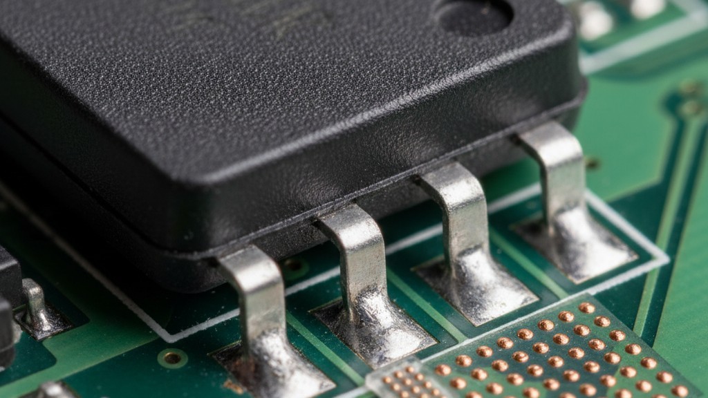 A close-up view of a circuit board shows a large power component, a D2PAK, positioned next to a very small microchip, illustrating a significant scale difference.