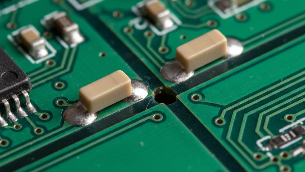Orientación del capacitor cerca de una línea de V-Score Una vista cercana de una placa de circuito muestra dos capacitores cerca de una línea de ruptura. Uno está colocado en paralelo a la línea, y el otro es perpendicular a ella.
