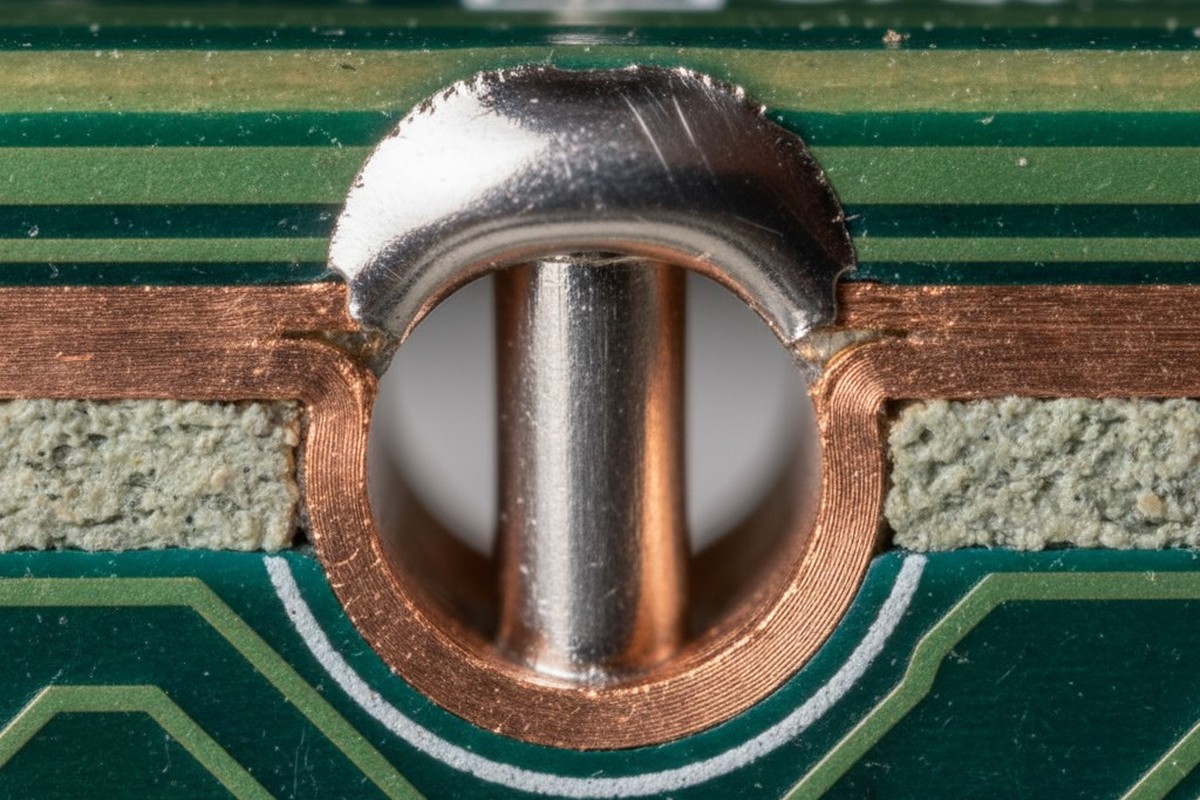 A magnified cross-section of a green circuit board shows a component lead inside a copper-plated hole. A shiny solder fillet is on top, but the hole below it is mostly empty, showing a large void.