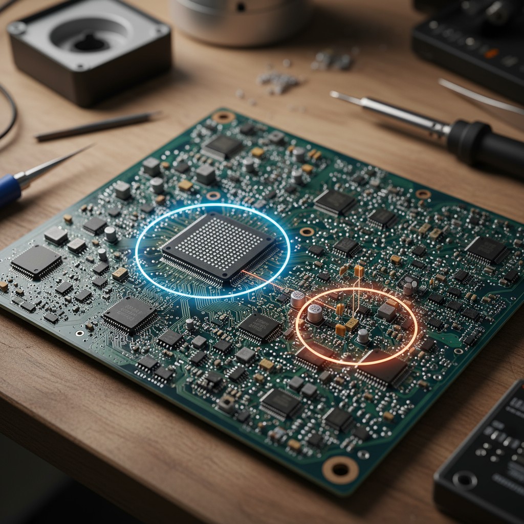A close-up of a complex printed circuit board with areas of high component density and fine-pitch parts highlighted to indicate manufacturing risk.