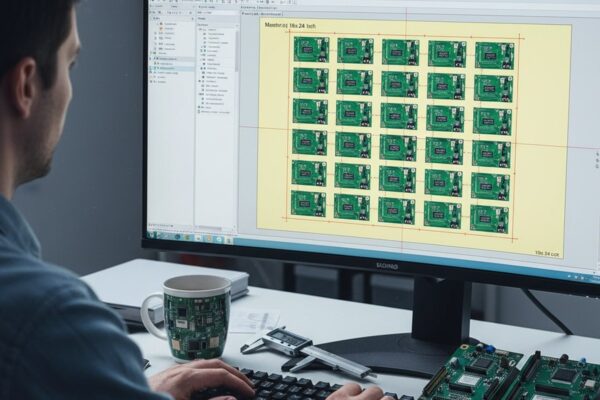 An over-the-shoulder view of an engineer's hands on a keyboard, with a computer monitor showing a circuit board panel layout in design software. The desk has a coffee mug and calipers.