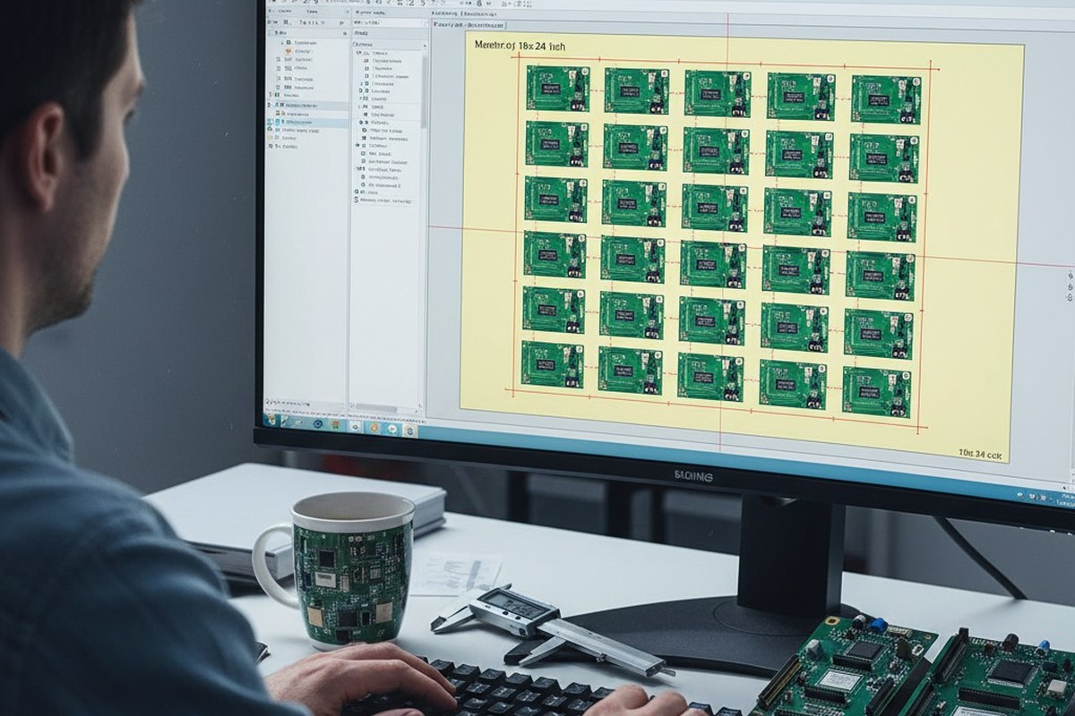 An over-the-shoulder view of an engineer's hands on a keyboard, with a computer monitor showing a circuit board panel layout in design software. The desk has a coffee mug and calipers.
