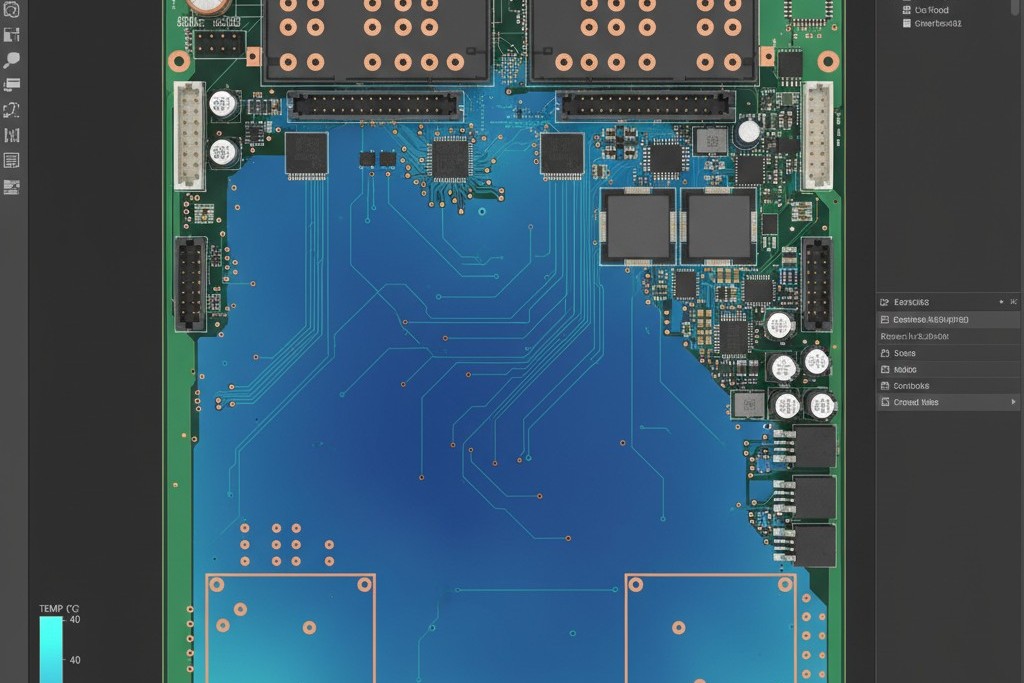 A computer screen displays a PCB layout in design software. A thermal simulation overlay colors a large power plane in a cool, uniform blue.