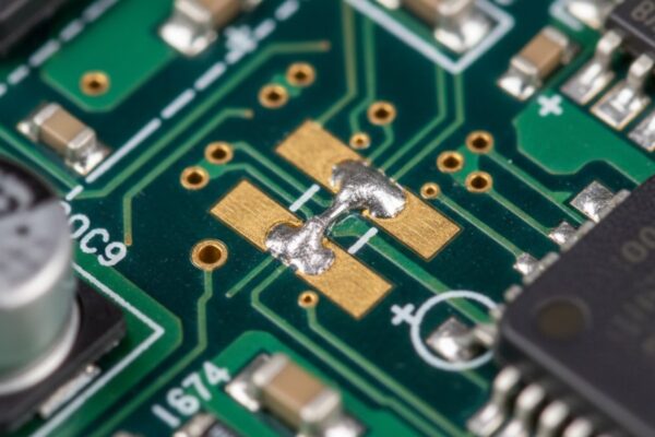 A microscopic view of a printed circuit board shows a solder bridge, an unintended connection, shorting two adjacent pins of a surface-mount component.