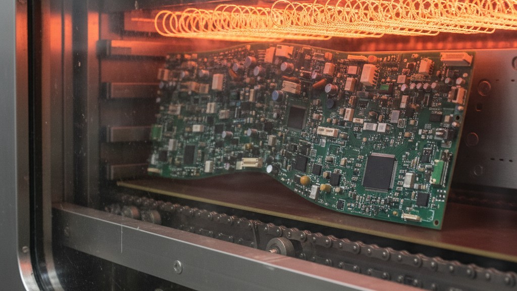 Through the window of an industrial oven, a large panel of circuit boards bows and sags in the middle as it moves along a conveyor under intense heat.