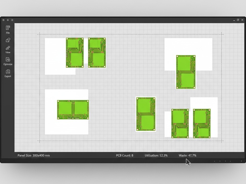 A computer screen shows a manufacturing layout for circuit boards. Several rectangular green PCBs are arranged on a large panel with significant empty space between them, indicating waste.