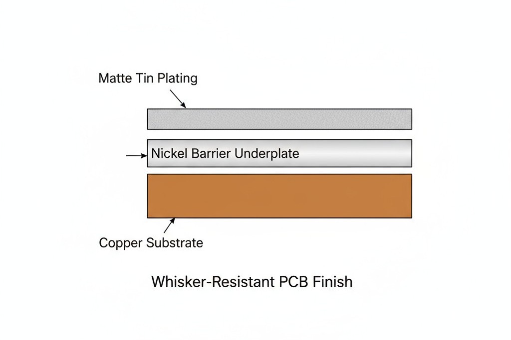 A diagram showing a cross-section of a PCB finish with three layers: a copper substrate at the bottom, a nickel barrier in the middle, and a matte tin plating on top.