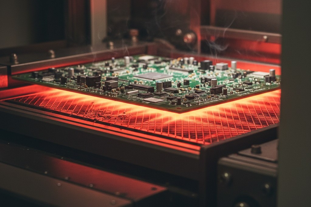 A green circuit board moves along a conveyor belt over glowing red-hot infrared heating elements before entering a wave soldering machine.
