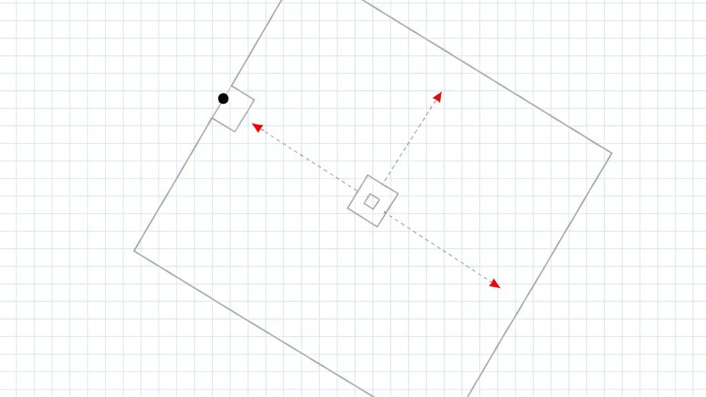 A diagram shows a rectangular PCB panel that is slightly rotated. An arrow points from a reference fiducial at the corner to a component in the center, illustrating how a small rotational error is magnified over distance.