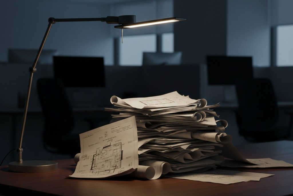 A stack of printed circuit board design schematics sits on a dark wooden desk, illuminated by a single modern desk lamp. The rest of the office is dark and out of focus.