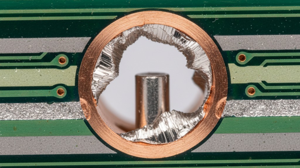 A microscopic cross-section of a circuit board through-hole shows a component pin with solder only partially filling the barrel, leaving a large empty void.