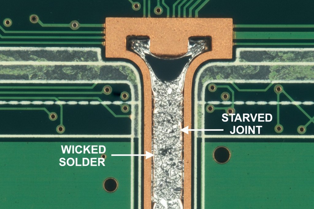 A cross-section of a solder joint shows that most of the solder has drained down into an open hole, or via, beneath the pad, leaving very little solder to connect the component ball above.