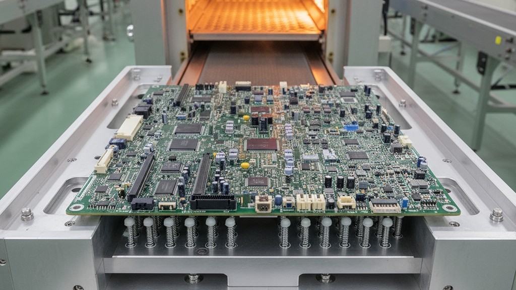 A printed circuit board placed on a dedicated support fixture with numerous pins to prevent sagging and warping as it enters a reflow oven.