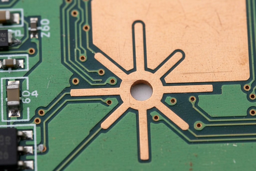 A macro photo of a green circuit board shows a component pad connected to a large copper plane by four thick copper spokes, resembling a wagon wheel.