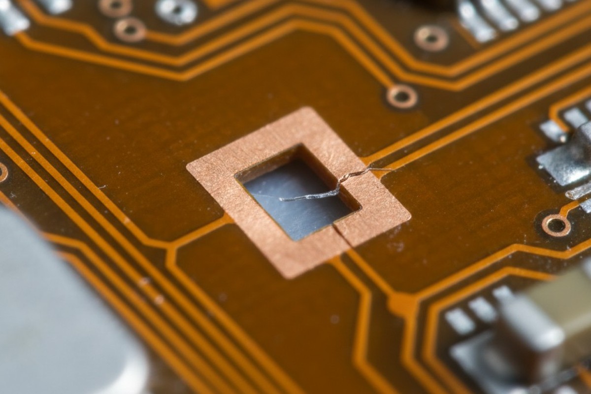 An extreme close-up, microscopic view of a flexible printed circuit board. A tiny, hairline crack is visible in a shiny copper trace, originating from a sharp right-angle corner in the amber-colored substrate.