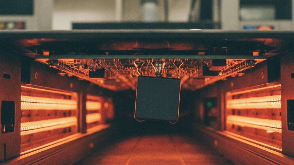 A printed circuit board is shown upside down on a conveyor, with large electronic components hanging from the bottom, inside the glowing orange interior of a reflow oven.