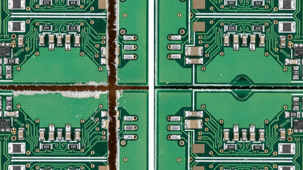 A side-by-side comparison of two circuit board panels. The left panel has boards separated by a wide routed channel, while the right has boards flush against each other with a thin V-groove.