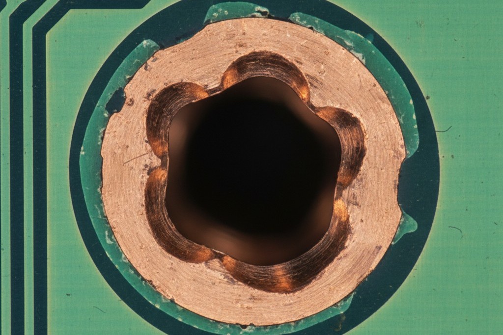 A magnified close-up of a single via on a circuit board. The plated copper ring is slightly irregular and the hole's interior is dark, making it an imprecise target for machine vision.
