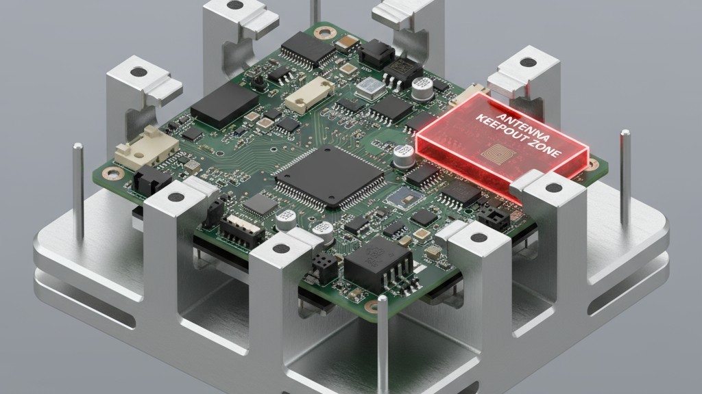 Enforcing Antenna Keepout Zones in Assembly Tooling 3D CAD model of a PCB assembly fixture designed to avoid the red-highlighted antenna keepout zone.
