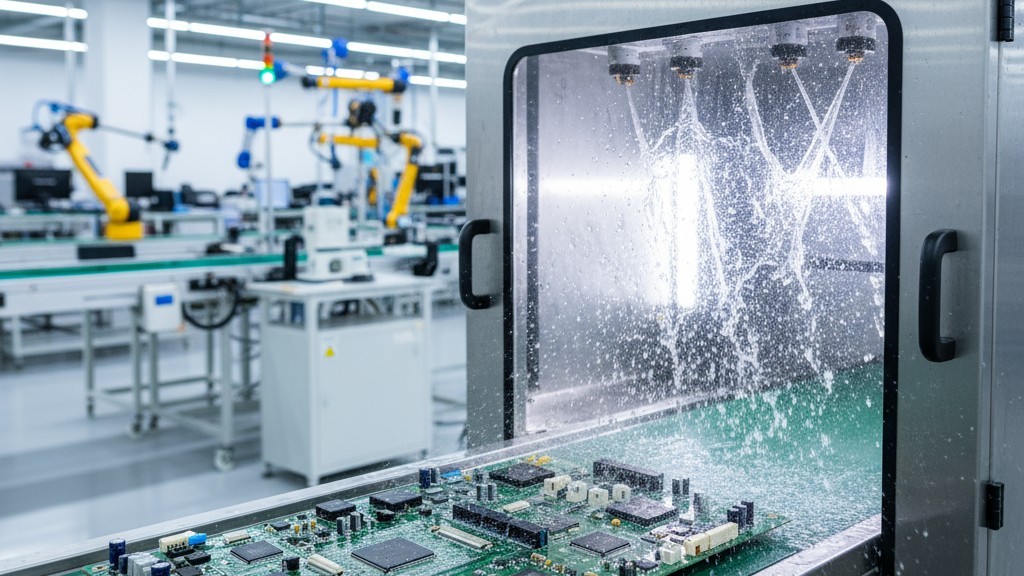Aqueous Cleaning of PCBs Before Coating A printed circuit board assembly on a conveyor belt entering a large, stainless steel industrial cleaning machine with spray nozzles visible inside.