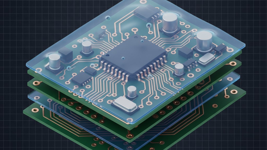 ภาพตัดขวางของ PCB ที่มีการเคลือบป้องกัน ภาพขวางที่ขยายของแผงวงจรที่ประกอบกันแล้ว ซึ่งแสดงส่วนประกอบและรอยต่อทองแดงที่คลุมด้วยชั้นบางใสของสารเคลือบแบบคอนฟอร์ม ซึ่งทำหน้าที่เป็นฉนวนกันความร้อน