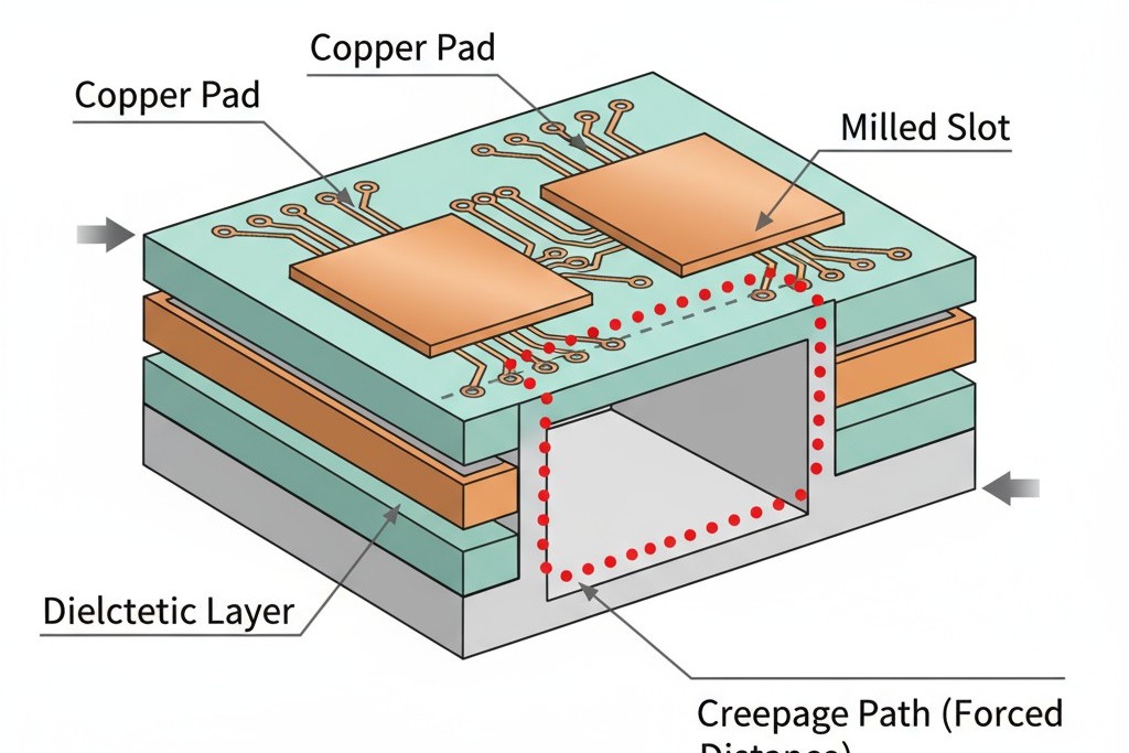 ใช้ช่องเจาะที่เป็นร่องเพื่อเพิ่มระยะ Creepage ภาพขวาง 3 มิติของแผงวงจรที่แสดงให้เห็นว่าร่องเจาะระหว่างแผ่นทองแดงสองแผ่นทำให้เส้นทางไฟฟ้าต้องเดินทางลง ข้าม และขึ้นตามร่อง ซึ่งเป็นการยาวเส้นทางบนพื้นผิวอย่างมีนัยสำคัญ
