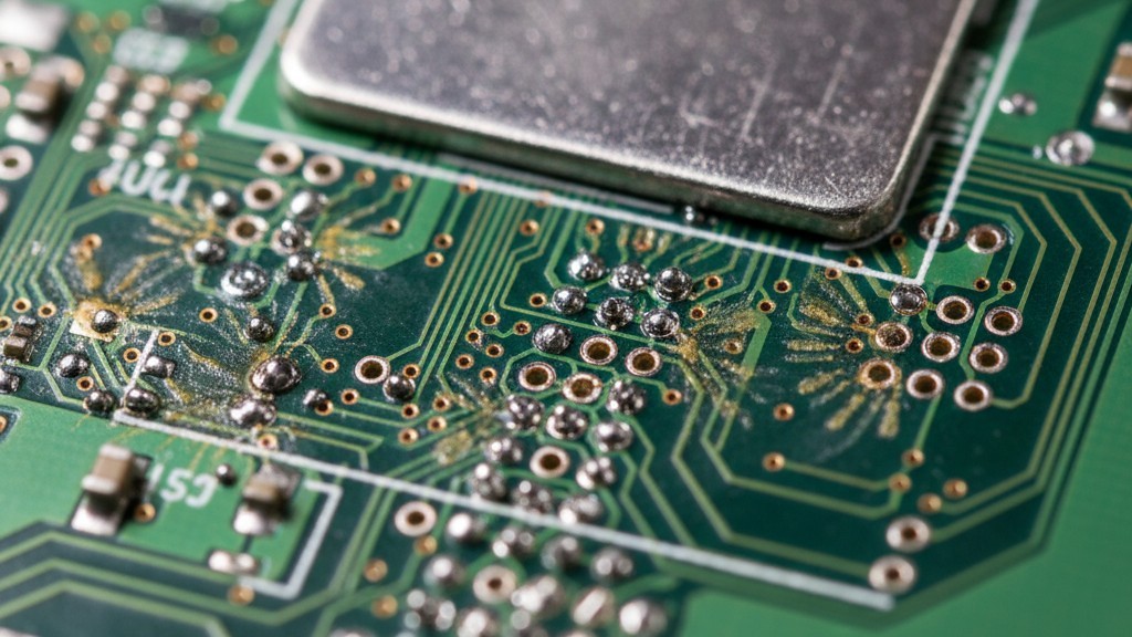 Solder Ball Defects Caused by Via Outgassing A macro photo of a circuit board showing small solder balls and moisture stains scattered around vias after an RF shield was removed.