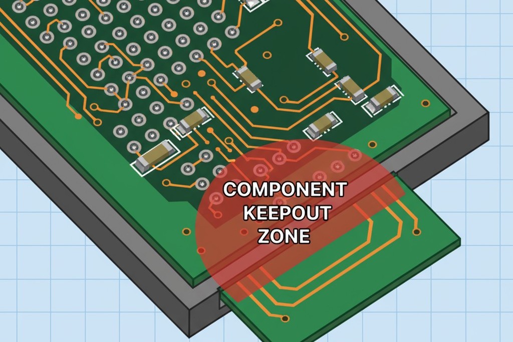 A PCB layout diagram showing a breakout tab with a red highlighted keepout zone where no components are placed to prevent stress damage.