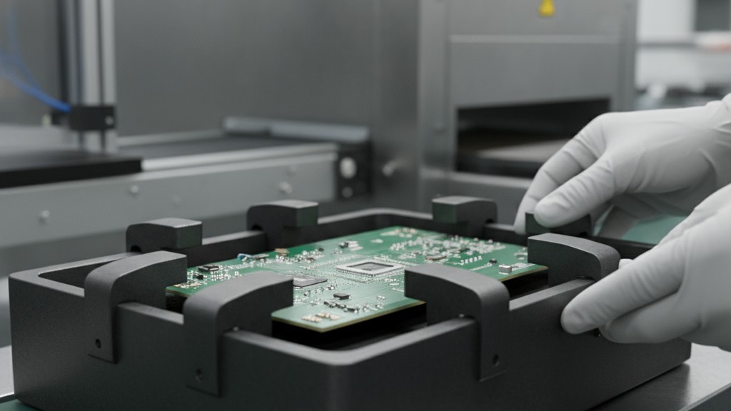 A PCB Secured in a Reflow Carrier A printed circuit board held flat within a rigid, dark gray frame, which is a reflow carrier designed to prevent warpage in an oven.