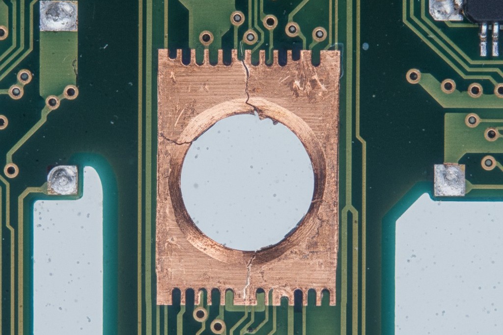 Micrograph of a circuit board cross-section showing an hourglass-shaped hole due to uneven copper plating.