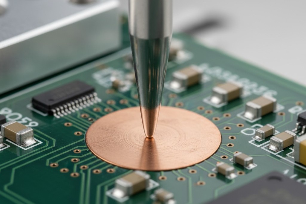 A close-up shot of a sharp metal test probe touching a small, circular copper test pad on a green printed circuit board.