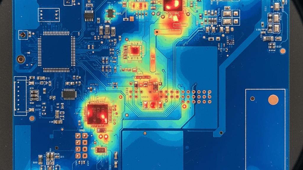 The Thermal Landscape of a PCB During Reflow A thermal simulation image of a circuit board, showing uneven heat distribution with red hot spots and cooler blue areas.