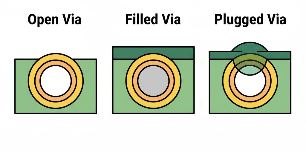 Comparison of PCB Via Treatments to Prevent Outgassing A diagram comparing three via treatments: an open via, a filled via with epoxy, and a plugged via with a solder mask plug.