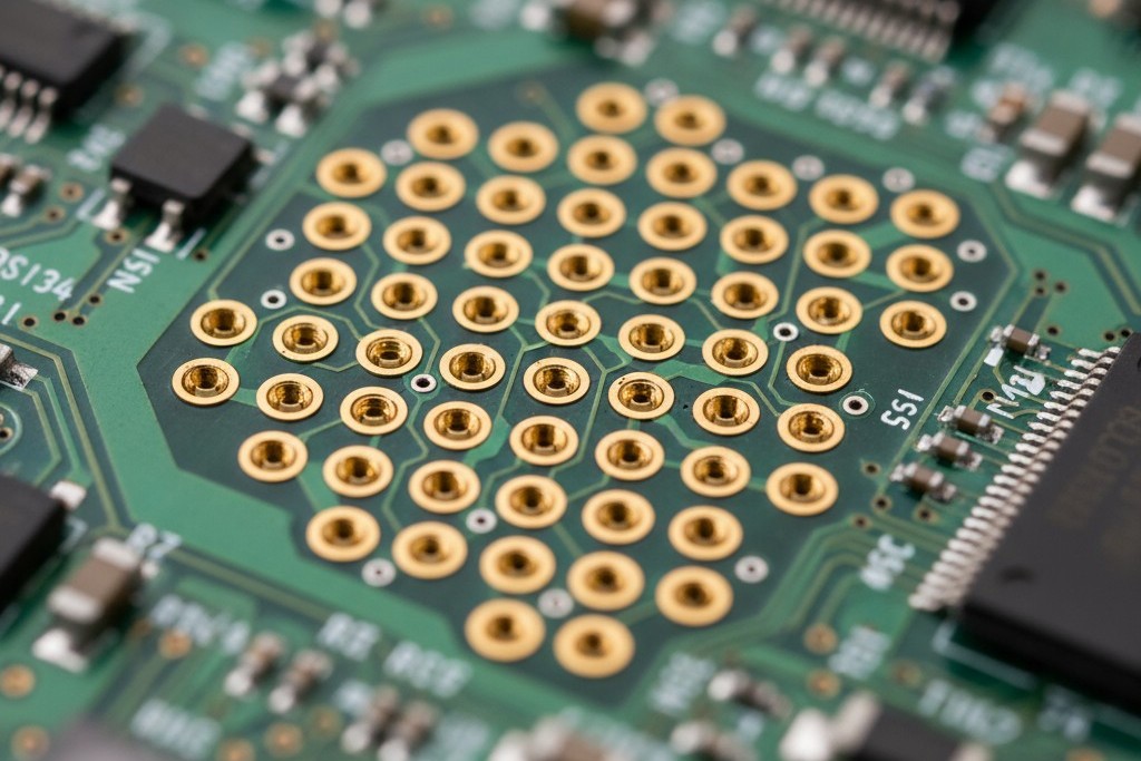 A macro photo of a circuit board highlighting the small, gold-plated test pads used for making a reliable connection with a programming fixture.