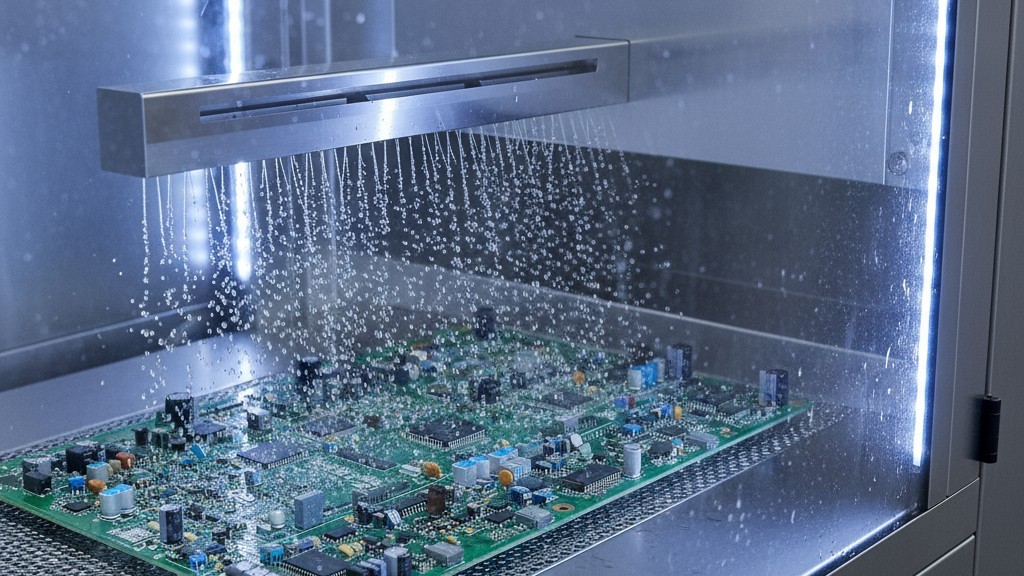 A circuit board moving through an industrial cleaning machine where high-velocity air jets from an air knife are blasting water droplets off its surface.