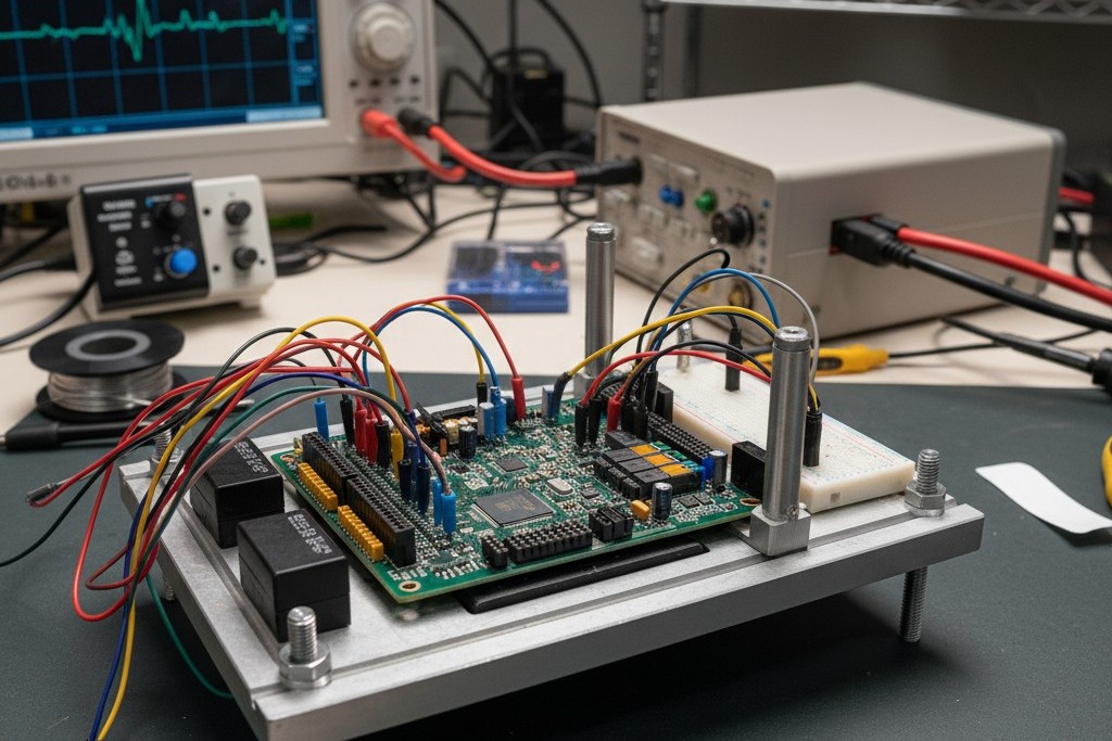 PCBA กำลังทำการทดสอบการหมุนเวียนพลังงานบนแท่นทดสอบ ภาพถ่ายของชุดแผงวงจรที่ติดตั้งในอุปกรณ์ทดสอบบนโต๊ะในห้องปฏิบัติการ โดยมีสายไฟและอุปกรณ์วัดต่ออยู่เพื่อทดสอบการหมุนเวียนพลังงาน