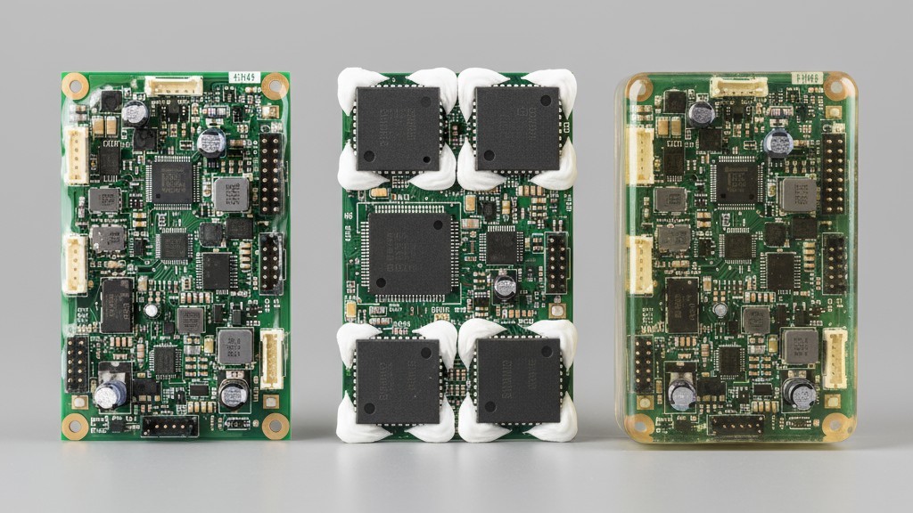 Spektrum Metode Kekerasan PCBA Tiga papan sirkuit menunjukkan perlindungan yang berbeda: lapisan konformal, staking selektif, dan potting penuh.