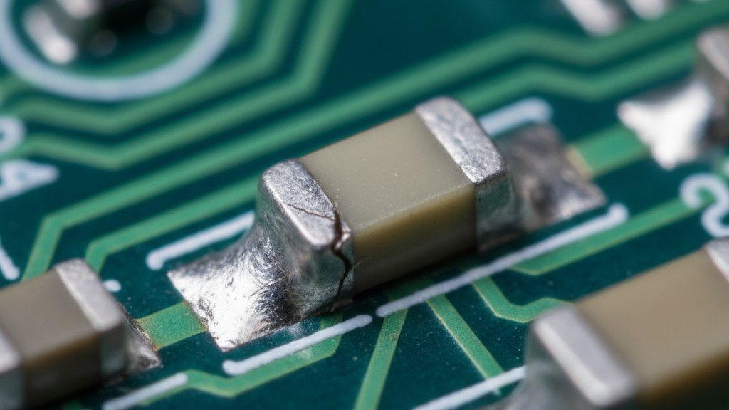 Tampilan Mikroskopik dari Kelelahan Sambungan Pemasangan Solder Fotografi makro dari sambungan solder retak pada PCBA, menggambarkan efek kelelahan getaran.